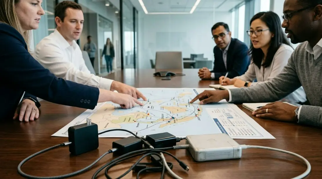 A corporate meeting room where professionals are discussing a supply chain map of Southeast Asia with electronic components like power adapters on the table.